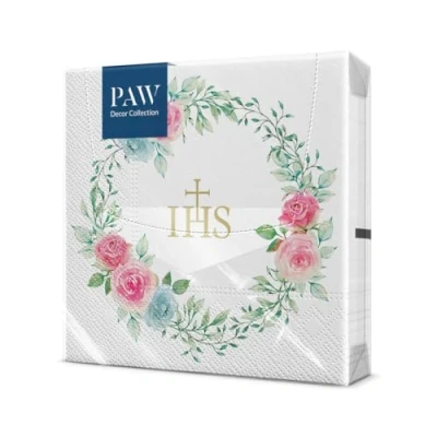 Bild av PAW Pappersservetter 3 lager (33 x 33 cm) I 20 st Perfekt för Communion, Confirmation, dop Pojkar &amp; Flickor Bordsdekoration Eleganta Delikata Rosor