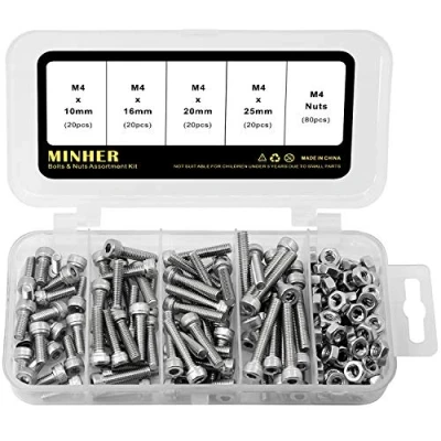 Bild av MINHER M4 insexskruv och mutter kombinationslåda 304 rostfritt stål mekanisk insexnyckel bultset 10 mm 16 20 25 160 stycken