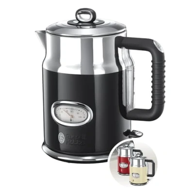 Bild av Russell Hobbs vattenkokare, 1,7l, 2400W, snabbkokningsfunktion, temperaturmätare i retrodesign, vattennivåindikator, perfekt hällpip, Retro Classic Noir 21671 70