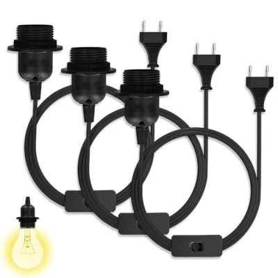Bild av Casenly E27 lamputtag med strömbrytare, 3 st sockel lampsockel strömbrytare och pluggar 1,5 m kabel skruvring för lampupphängning pendellampa taklampa