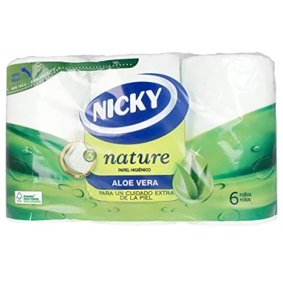 Bild av Nicky Nature Hygieniskt papper, 6 Rullar, 3 Lager, 170 Tjänster Genom Roll. Berikad Med Aloe Vera Lotion, Färg Vit, 9,8 x 13cm