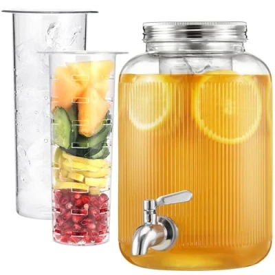 Bild av Navaris dryckesdispenser i glas med kran 4 L (1 gal) krusningsdesign isinsats och fruktinfusion för kallt bryggt kaffe, cocktail, juice, vatten andra drycker