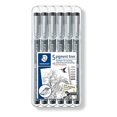 Bild av STAEDTLER fineliner set pigment liner, 6 linjerbredder, hög kvalitet, pigmentbläck, dokumentäkta, ljusbeständig, svart, 5 och 1 st gratis, 308 SB6P1