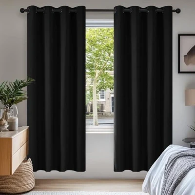 Bild av Deconovo Gardin, öljettgardiner för sovrum, termogardin med köldskydd, 175 x 140 cm (längd bredd), svart, set om 2