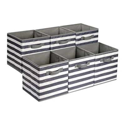 Bild av Amazon Basics Hopfällbar tygförvaringskub/organisatör med handtag, 6 pack, markisrand, vit/ljusgrå, 26,6 x 27,9 cm