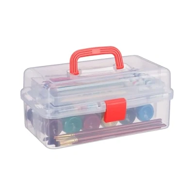 Bild av Relaxdays Förvaringsbox 9 fack, sorteringslåda pysselmaterial, konstnärstillbehör, HBT 14 x 33 19,5 cm, transparentröd