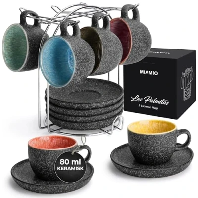 Bild av MIAMIO 80 ml keramiska stapelbara espressomuggar med fat och metallstativ, set 6 espressokopp, Demitasse koppar, kaffemuggar för Espresso, latte, café mocka te Las Palmitas Collection