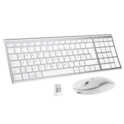 Bild av IClever trådlöst tangentbord musset, uppladdningsbart och mus, QWERTZ layout (tyska ultratunt för dator/stationär dator/PC/laptop/Windows 10/8/7, vitt silver