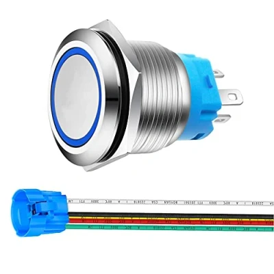 Bild av Gebildet 22 mm Rostfritt Stål Momentan Tryckknapp 12 V 24 5 A LED 1 NO1NC SPDT ON av Vattentät med Kabeluttag (Blå LED)