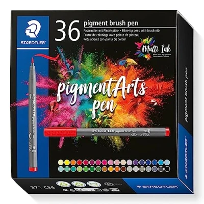 Bild av STAEDTLER Penselpenna pigment Arts, premium tecknat, penselspets för variabel linjebredd, vattentät, snabbtorkande, 36 penselpennor i olika färger kartongfodral, 371 C36