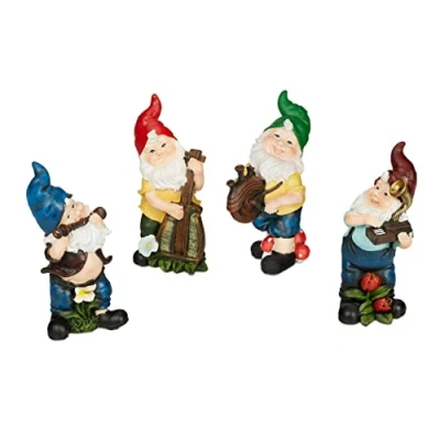 Bild av Relaxdays Trädgårdstomtar, set om 4, musiker, väderbeständiga, miniatyrfigurer, frostsäkra, dekorativa tomten, utomhus, polyresin, färgglada