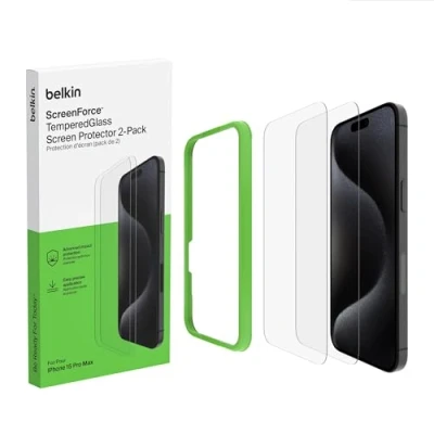 Bild av Belkin ScreenForce TemperedGlass, skärmskydd härdat glas för iPhone 15 Pro Max, kristallklart, reptåligt, inkluderar monteringsform applicering utan luftbubblor, 2 pack, exklusiv Amazon