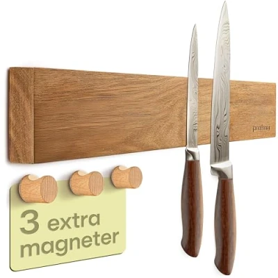 Bild av Knivhållare Magnetisk 40cm av FSC® Acacia trä med Extra Stark Magnet 3 Krokar för Handdukar Enkel Montering