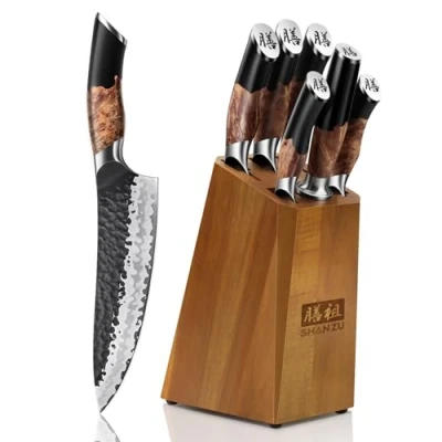 Bild av SHAN ZU Handsmidda Köksknivset, 7 delar Japansk Knivset med Knivblock, 9Cr18MOV Stålkockkniv (7 lager), Handtag i Lönnträ