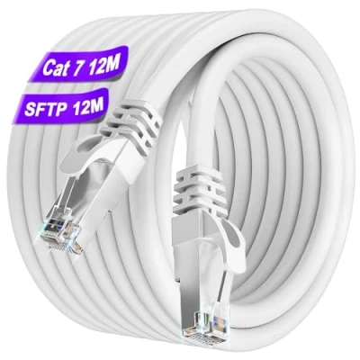 Bild av Ethernet Kabel Cat 7, Nätverkskabel 12m, Höghastighetsinternetkabel 600 MHz 24AWG Wifi S/FTP Skärmad 10 Gbps Patch Vit RJ45 LAN Utomhus Wlan 60 fot för PS5/4 Routermodem