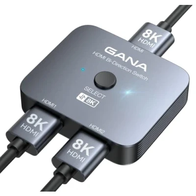 Bild av GANA HDMI 2.1 Switch, 8K omkopplare Splitter 2 in 1 Ut, Stödjer 4K@120Hz, 8K@60Hz, 48Gbps Aluminium Bi Directional Ultra HD nav kompatibel med PS5/4, Xbox, Roku, Apple TV, Fire Stick.