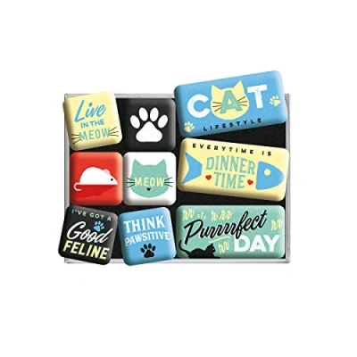Bild av Nostalgic Art Kylskåpsmagneter i retrostil, Cat Lifestyle Presentidé för kattägare, Magnetset magnettavlor, Deko vintagedesign, 9 stycken