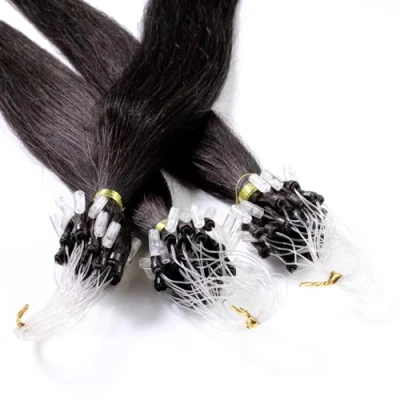 Bild av hair2heart microring Extensions äkta hår slätt 25 slingor 1 g 50 cm 4/0 medelbrun