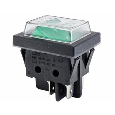 Bild av Vippströmbrytare med vattentätt lock 2 poler (4 stift) 16 A 250 V AC 30 x 22 mm grön vippa upplyst