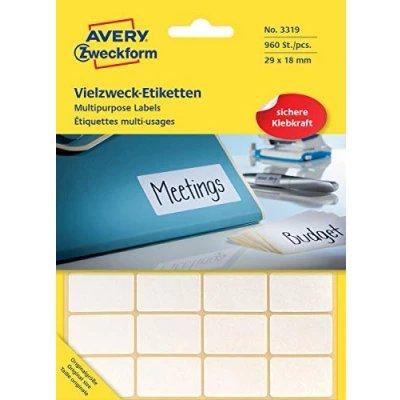 Bild av Avery Zweckform 3319 hushållsetiketter självhäftande (29 x 18 mm, 960 klistermärken på 30 ark, multifunktionsetiketter för hushåll, skola och kontor märkning markering) blank, vit