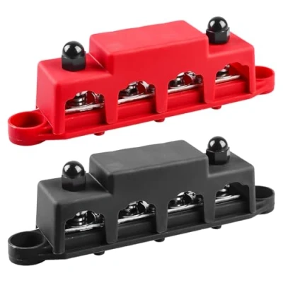 Bild av 2 stycken 12 V 48 DC samlingsskenor fördelningsblock, 250 A busbaråda med 4 x M8 klämbultar högpresterande modul, samlarskena, block skydd för bilar, marin, batterisystem (röd, svart)