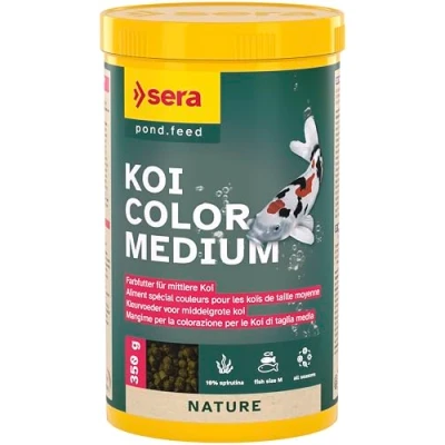 Bild av sera (07021) Koi Color Nature Medium 350 ml. Ett naturligt färgfoder med 10% spirulina för färgglad koj mellan 12 och 25 cm, koiffoder utan färgämnen konserveringsmedel