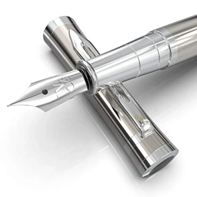 Bild av Wordsworth &amp; Black Reservoarpenna set, medium nib, innehåller 6 bläckpatroner och en bläckpåfyllningsomvandlare, presentförpackning, kalligrafi, släta skrivpennor [silverkrom]