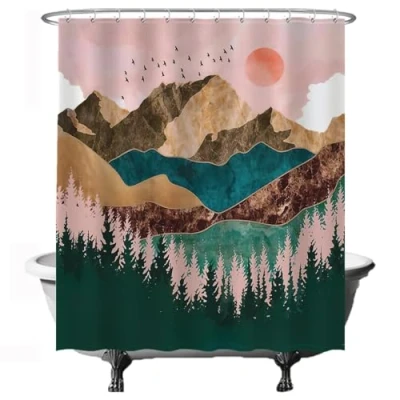 Bild av Ulticool Duschdraperi, natur, sol, berg, bohemiskt, tvättbart, antimögeleffekt, vattentätt, med 12 ringar, grön rosa brunt, 180 x 200 cm