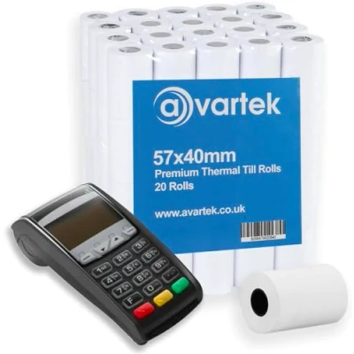 Bild av 57 x 40 mm premium termiskt papper till kvittorullar för PDQ kreditkortsmaskin, POS, EPOS, kortmaskiner, Barclaycard, Verifone, Ingenico, Sagem, Spire, Pax, Worldpay [20 pack] AVARTEK