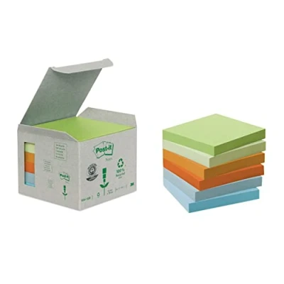 Bild av Post it recyling Notes 6541 GB Självhäftande klisterlappar av återvunnet papper i 76 x mm 6 anteckningsblock fyrkantiga med 100 ark (sorterade färg)