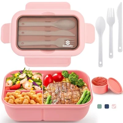 Bild av Sinnsally lunchlåda med fack, 1 250 ml Bentolåda för vuxna, barn bestick, vesperlåda, brödlåda, läckagesäker matlåda, frukostlåda, matlåda (rosa)