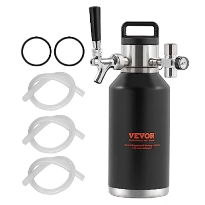 Bild av VEVOR Öl Growler Tap System Dubbelskikt 304 rostfritt stål, tryckvisning, CO2 regulatorkran, läckagesäker ring för utkast, hembryggning, 64 oz, svart