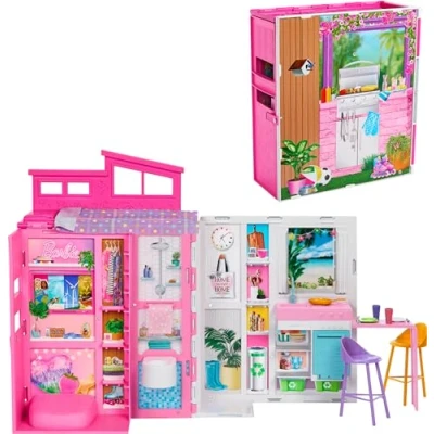 Bild av Barbie lekset med dockhus, semesterbostad fyra lekområden, däribland kök, badrum, sovrum och lounge, elva inredningstillbehör, HRJ76