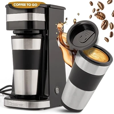 Bild av Clatronic 1 kopp kaffeautomat KA 3733, inklusive dubbelväggig termo rostfritt stålmugg, aromlock med dryckesöppning, 400 ml kapacitet, passar alla vanliga dryckeshållare