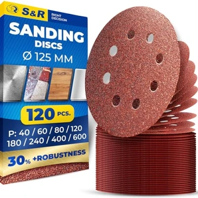 Bild av S&amp;R Velcro slippappersset 125 mm, Meister, 8 hål, 120 slipark, slipskivor för excenterslipmaskiner, 15 x korn vardera P40 P60 P80 P120 P180 P240 P400 P600, säker vidhäftning