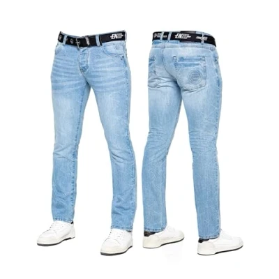 Bild av 989Zé ENZO Herrjeans klassiska raka ben vardaglig bomull normal passform denim byxor gratis bälte, Ljusblått, 34W x 32L