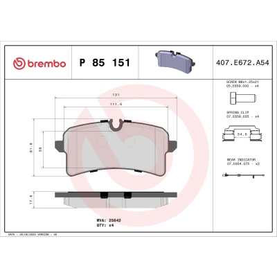 Bild av BREMBO P 85 151 Jeu de plaquettes frein contact signal d&#039;usure inclus avec vis d&#039;étrier accessoires AUDI: A6 C7 Berline