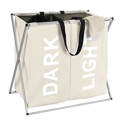 Bild av WENKO tvättkorg Duo beige, stabil med lock och praktiska bärhandtag, gott om förvaringsutrymme 120 l två fack, (B x H D): 59 57 38 cm, moderna inskrifter&quot;Dark&quot;,&quot;Light&quot;