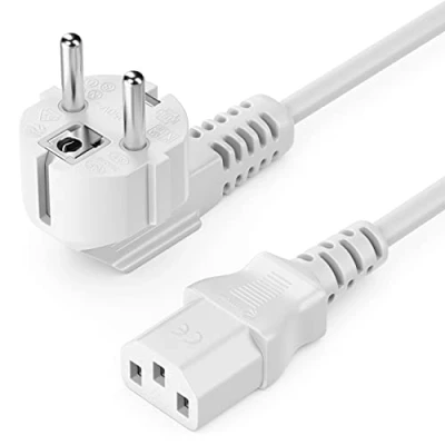 Bild av deleyCON 1m IEC Kabel Nätkabel Strömkabel Ström Skyddskontakt Kontakt Typ F (CEE 7/4) 90 Vinklad till Anslutning C13 Uttag PC Datorskärm Skrivare Projektor Vit
