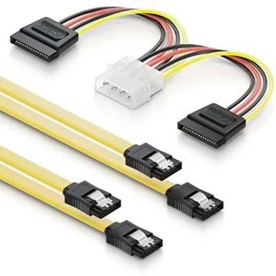 Bild av deleyCON SATA Kabelsats 2x 0,5m S ATA 3 Kabel + 4Pin till Nätadapter HDD SSD Datakabel med Klämma 1x Hane direkt Rak Gul