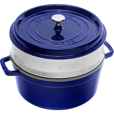 Bild av STAUB emaljerad gjutjärnsgryta/Cocotte, med ångkorg, Diameter: 26 cm, 5,2 l, matt svart stek emalj på insidan, mörkblå