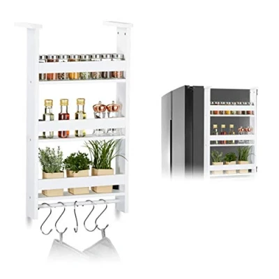 Bild av Relaxdays upphängd kryddhylla för kylskåp, hängande förvaringshylla kök, skena och 5 krokar, MDF: 74 x 42 20 cm vit, 1 pack