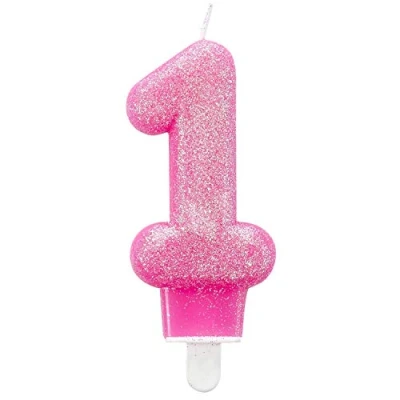 Bild av Amscan 9900761 sifferljus 1, höjd 7,6 cm, noll, rosa, glitter, tårtljus, ljus, födelsedag, tårta, dekoration