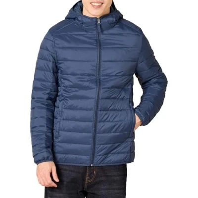 Bild av Amazon Essentials lättviktig vattentålig packbar pufferjacka med huva, marinblå, Large, Marinblått Xsp, L