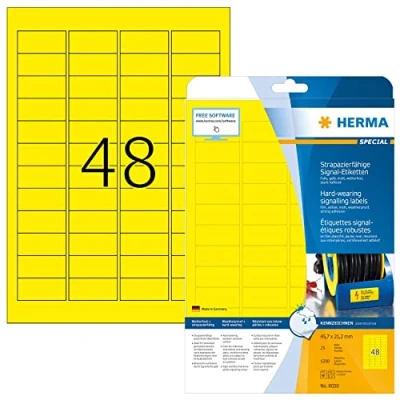 Bild av HERMA 8030 väderbeständiga folieetiketter A4 (45,7 x 21,2 mm, 25 ark, polyesterfolie, matt) självhäftande, utskrivbara, extremt stark häftande utomhus signaletiketter, 1 200 klistermärken, gul