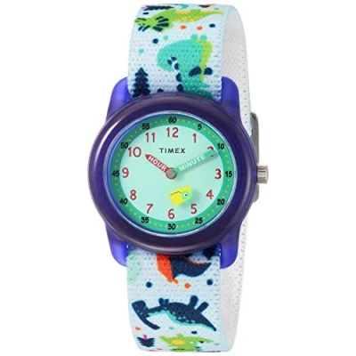 Bild av Timex pojkar tidsmaskiner analog elastisk tygremsklocka, Vit/Dinosaurier, Modern