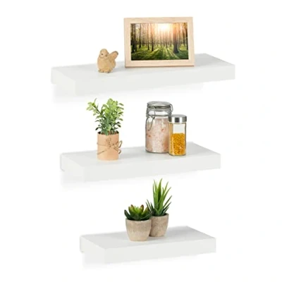 Bild av Relaxdays Vägghylla, set om 3, hyllplan i 3 storlekar, dekorativ hylla, vägg, MDF, modern design, fyrkantig svävande vit