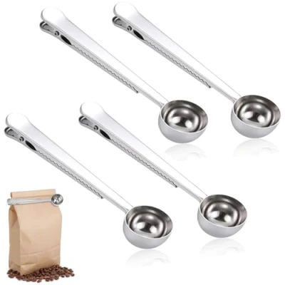 Bild av 4 stycken kaffe scoop clips, rostfritt stål kaffedoseringssked, multifunktion kaffesked, kaffepulver mjölkpulver mätsked, kaffetillbehör, kaffedoseringssked med påsförslutningsklämma