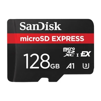 Bild av SanDisk micro SD Express, 128 GB kort, Läs up till 880 MB/s, Skriv Upp 480MB/s, 4,4 gånger snabbare läshastigheter än våra snabbaste microSD UHS I kort Class 10, U3