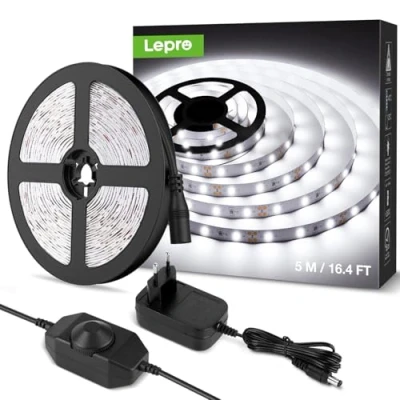 Bild av Lepro LED remsa kall vit 5 m, remsor 6 000 K dimbar, 300 lysdioder, 12 V självhäftande, IP20 band, vit, flexibel gör det själv list, ljusbandskedja med strömförsörjning för